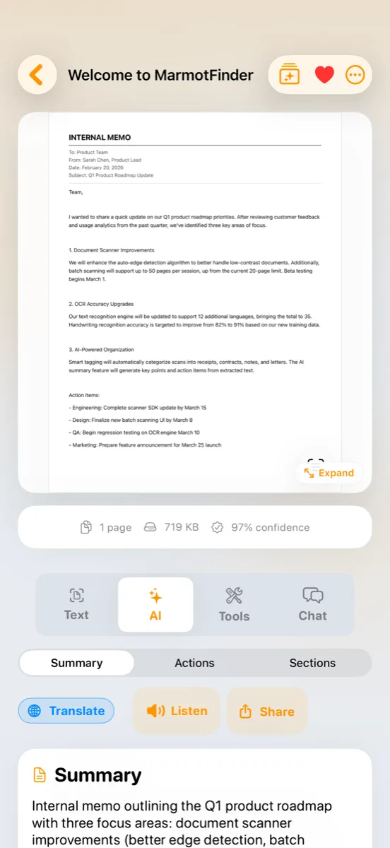 AI summary, actions, and sections for every scan.