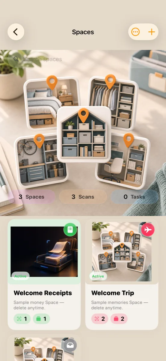 Spaces with a point of view — Money, Health, Trip.