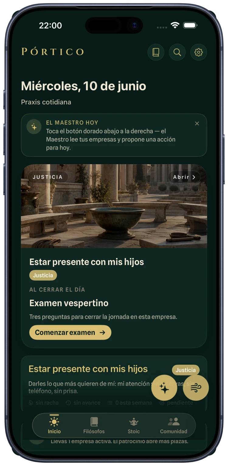 Pórtico — inicio del día con la meditación y las empresas activas en iPhone