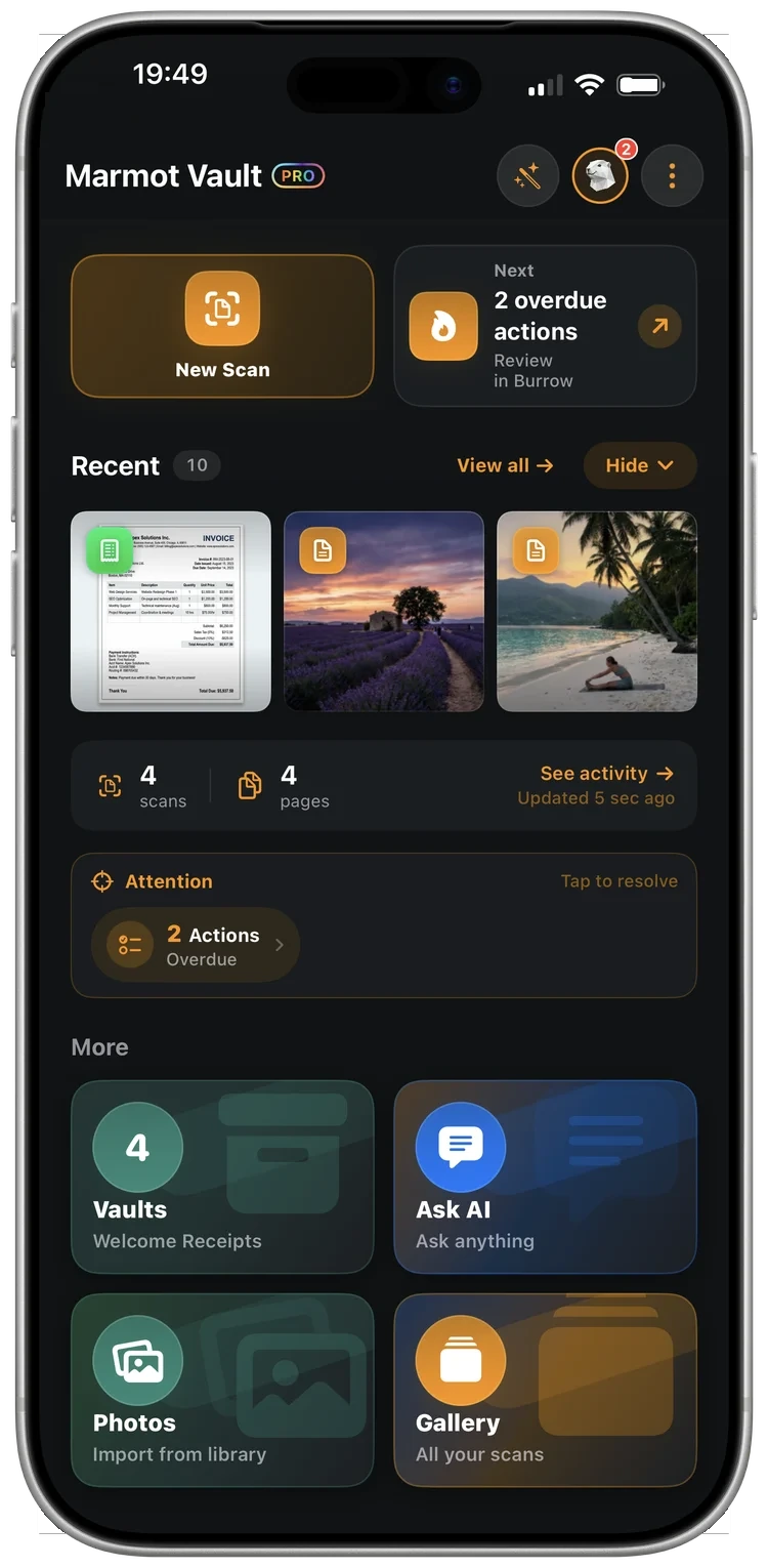 Marmot Vault on iPhone — recent scans, vaults, and overdue actions