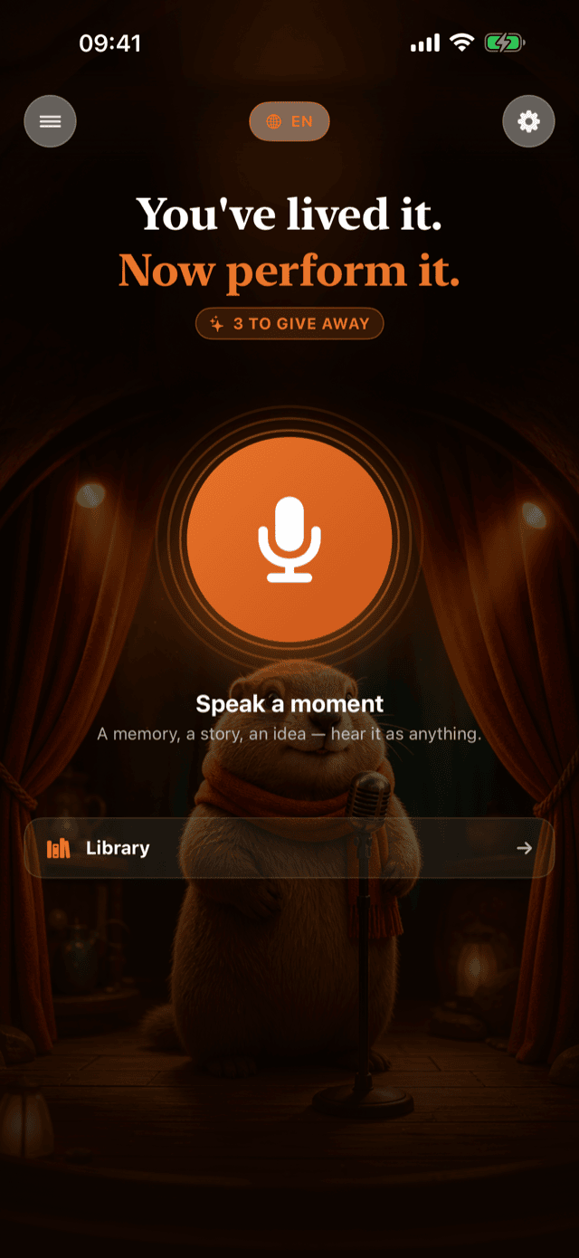 Marmot Stage — speak a moment, with a glowing mic on a theatre stage