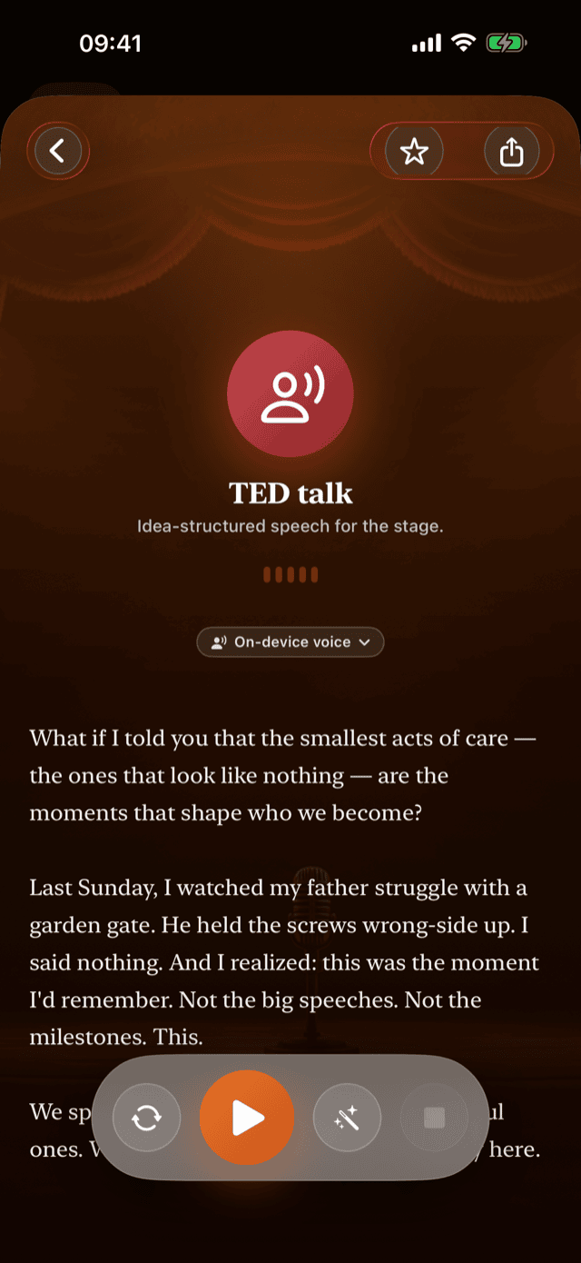 TED talk rendering performed by an on-device voice with playback controls