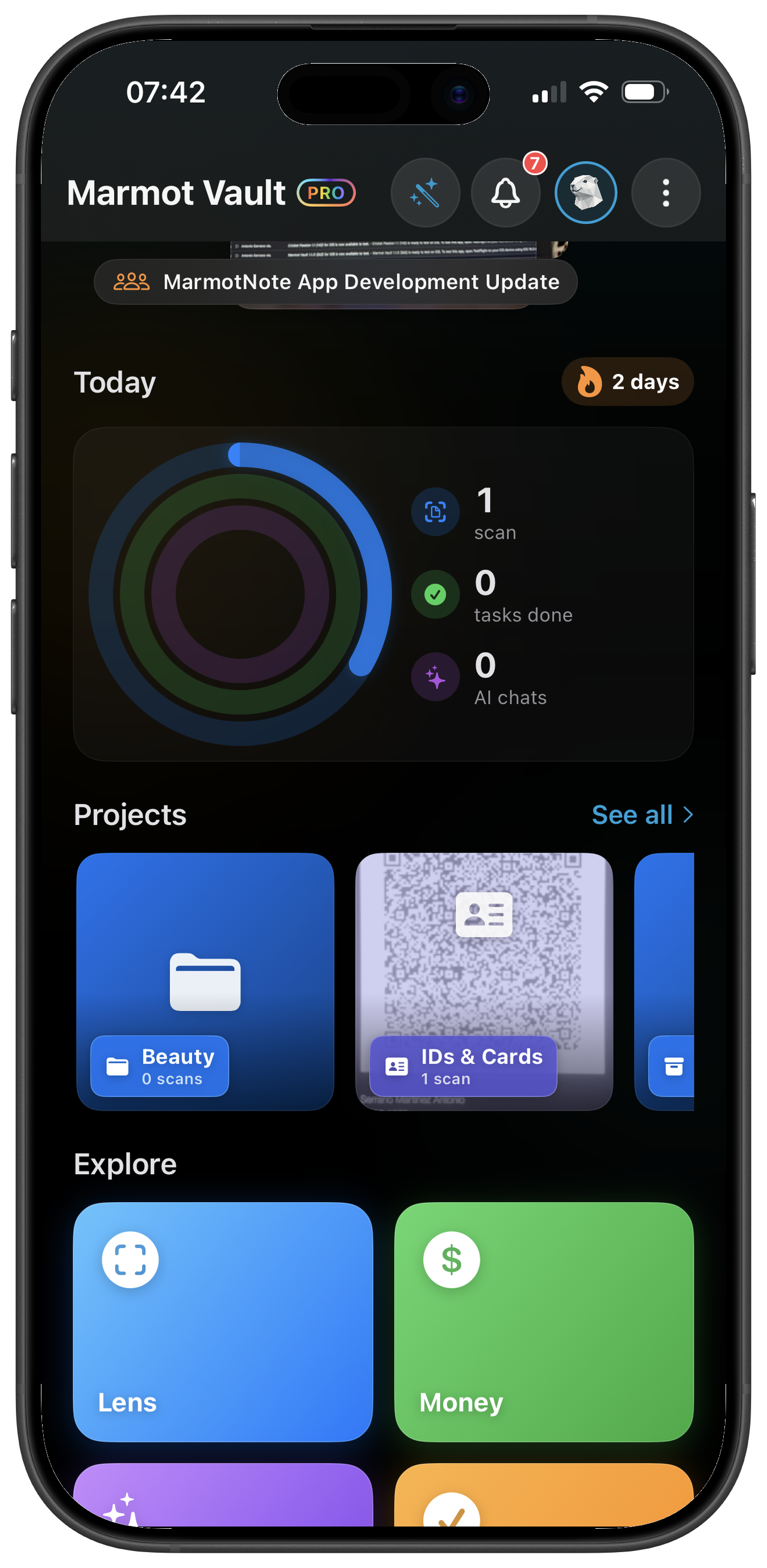 Marmot Vault — Dashboard with Focus queue and Insights